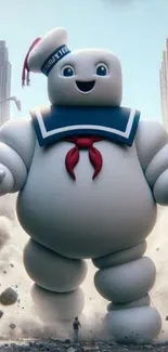 Stay Puft Marshmallow Man in urban cityscape.