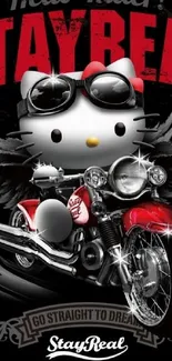 Hello Kitty on motorcycle with Stay Real theme, black and edgy design.