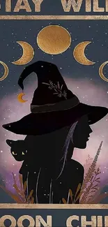 Illustrated Stay Wild Moon Child wallpaper with witch hat and lunar phases.