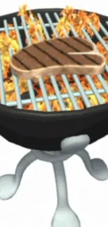 Grill with flaming steak and orange flames under a black barbecue.