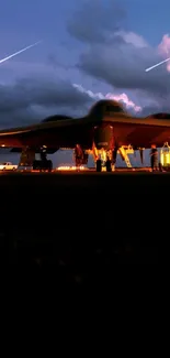 Stealth aircraft under a dramatic evening sky with vibrant lighting.