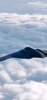 Stealth bomber flying above fluffy clouds.