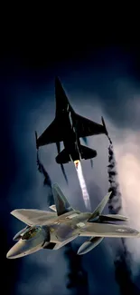 Two fighter jets streak through the cloudy sky in a dramatic aerial display.