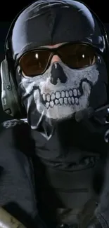 Military figure in skull mask with helmet and dark attire.