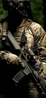 Soldier in tactical gear with night vision, set in a dark forest.