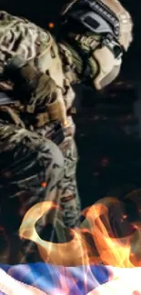 Camouflaged soldier in action with fiery sparks.