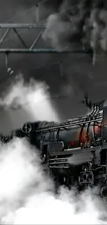 Historic steam train in a misty atmosphere.