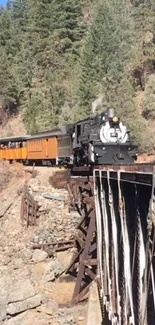 Vintage steam train crossing a rustic wooden bridge amidst a lush forest landscape.