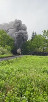 Steam train on tracks amidst lush green nature with dark smoke rising.