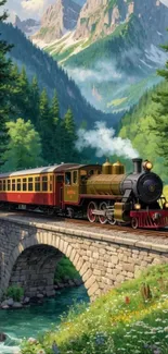 Vintage steam train crossing a bridge in a picturesque mountain landscape.
