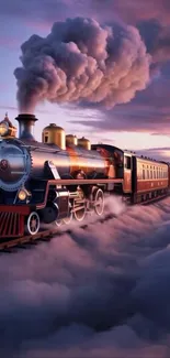 Vintage steam train traveling through clouds in sky.