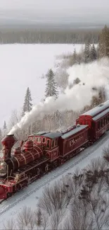 A steam train traveling through a snowy, serene winter landscape.