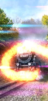 Steam train exits a vibrant, fiery portal with colorful lighting effects.