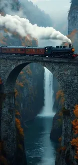 Steam train crossing a scenic stone bridge with autumn foliage and waterfall.
