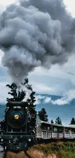 Majestic steam train with towering clouds.