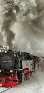 Steam train moving through snowy landscape with thick smoke.