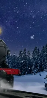 Steam train in snowy forest at night with starry sky.