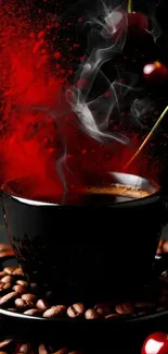 Steaming coffee cup with cherries, dark theme.
