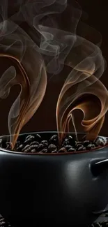 Steaming coffee beans in a black cup.