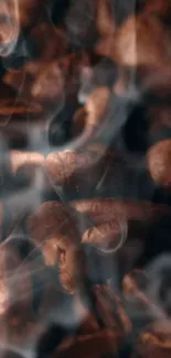 Steaming brown coffee beans with visible smoke.