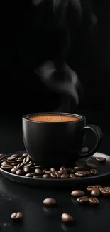 Steaming cup of coffee with beans on black background.