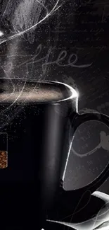 Steaming black coffee cup with artistic design elements and dark background.