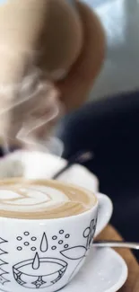 Steaming coffee cup with latte art close-up.