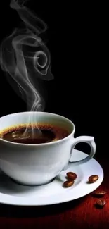 Steaming cup of coffee with beans on a dark backdrop.