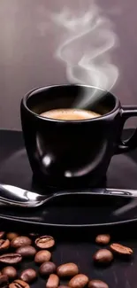 Steaming black coffee cup with beans on a dark surface.