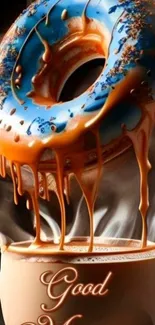 Steaming coffee with dripping doughnut art.