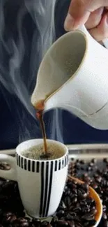 Pouring steaming hot coffee into cup with beans background.