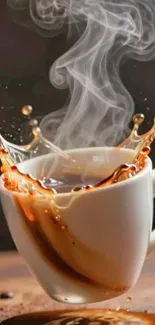 Steaming coffee splash in a white cup.