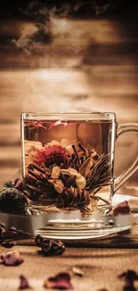 A steaming cup of floral tea in glass.