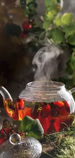 Steaming teapot in green foliage with berries.