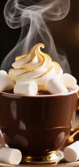 Steaming hot cocoa with marshmallows in a brown cup.