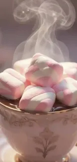 Steaming marshmallows in a teacup on a cozy background.