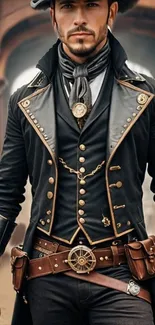 Steampunk-themed mobile wallpaper with vintage attire and intricate details