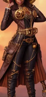 Steampunk adventurer in a leather outfit with bronze and gold accents.