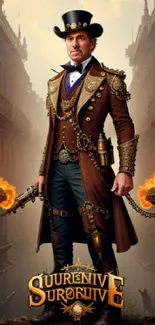 Steampunk adventurer with fiery backdrop in ornate architecture.