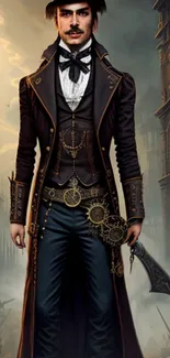 Steampunk adventurer in urban setting with gears and vintage architecture.