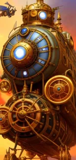 Steampunk airship soaring in fiery sky, vivid colors.