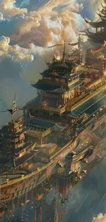 Intricate steampunk airship soaring through clouds in surreal fantasy setting.