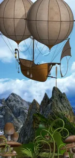 Steampunk airship over mountains in a fantasy setting.