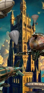 Steampunk castle with airships flying in a fantasy sky.