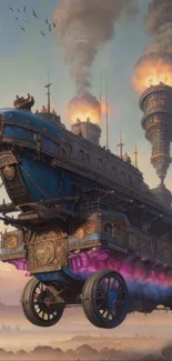 Steampunk airship flying through a mystical sky with smoke and intricate details.