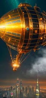 Steampunk airship floating above a glowing cityscape at night.