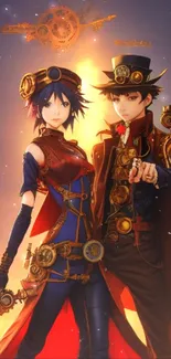 Steampunk duo in anime style with detailed design and vivid orange backdrop.