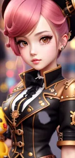 Steampunk anime girl with pink hair and detailed attire.