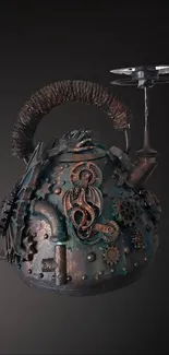 Steampunk armor with gears on dark background wallpaper.