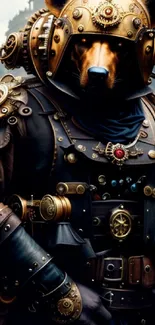 Steampunk bear in intricate armored suit, fantasy art.